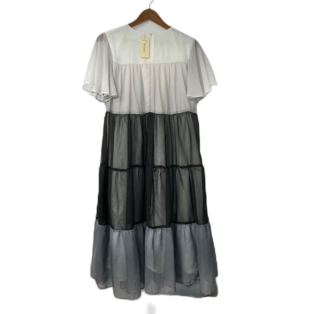 Carlucci kids xxl white gray black tiered color block dress ruffle short sleeve - Picture 3 of 9